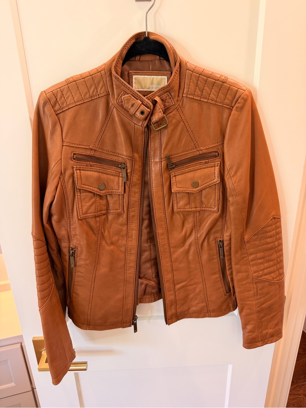 Michael Kors Cognac Brown Leather Bomber Jacket